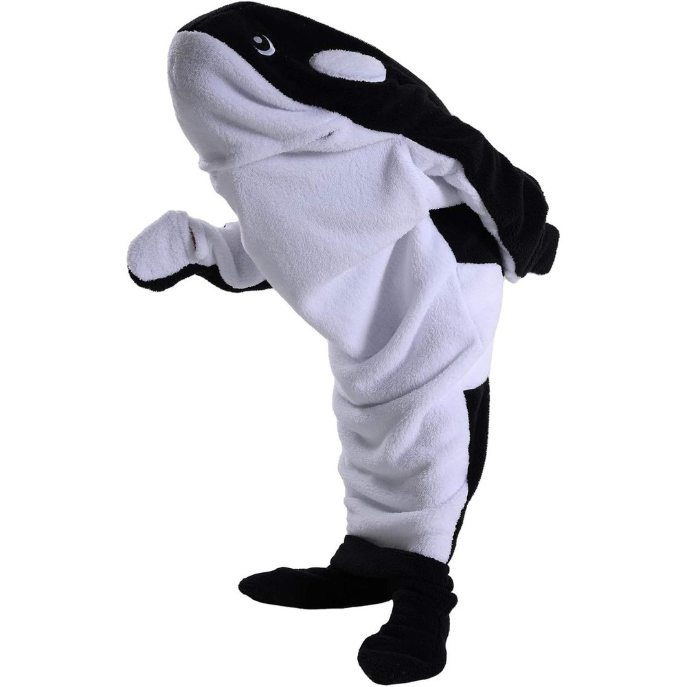 Orca Killer Whale Wearable Plush Blanket Fleece Hooded Loungewear Costume Large